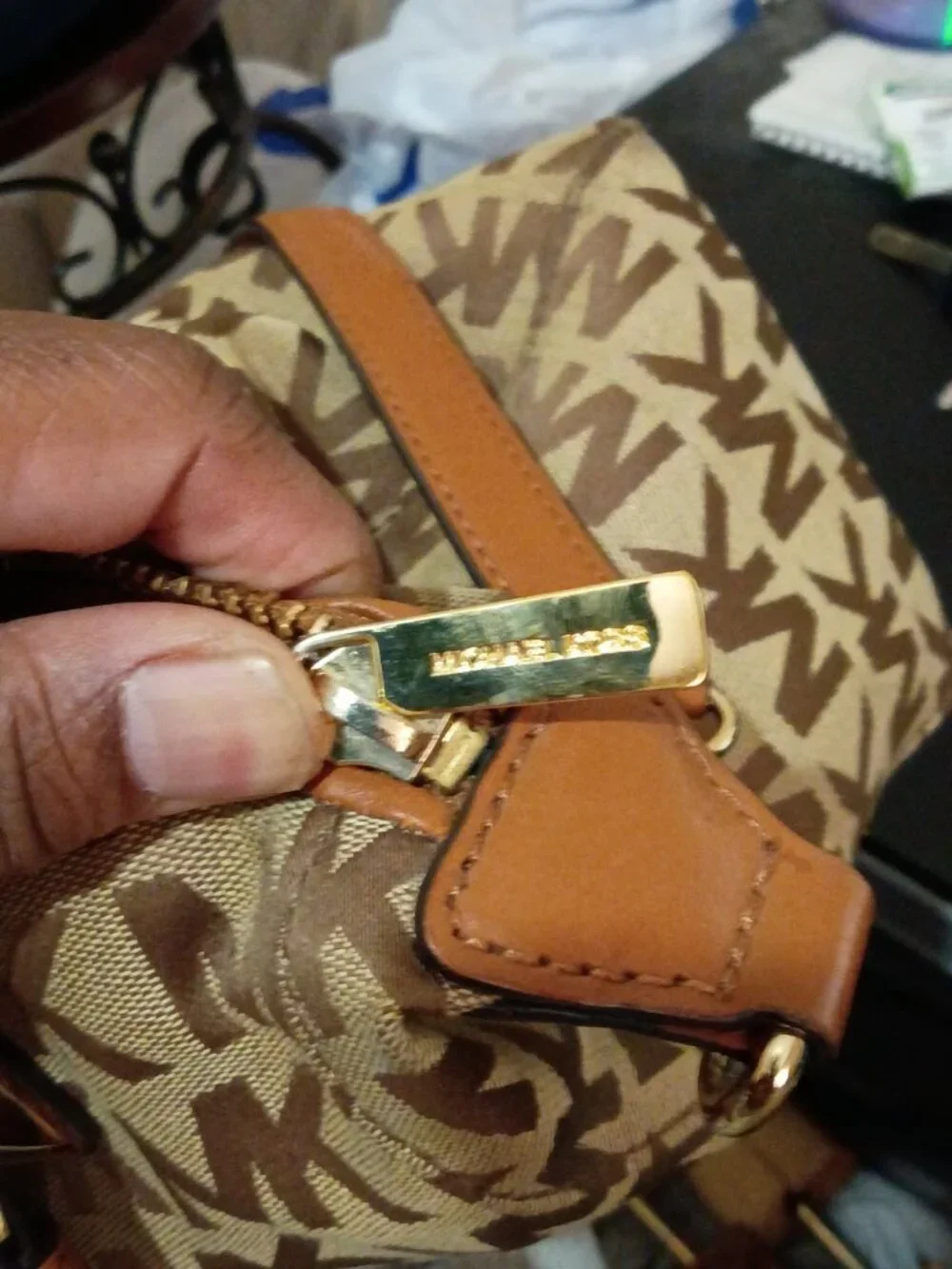 MICHAEL KORS Large Satchel MK Signature Tangerine Leather Jacquard Bag Canvas
